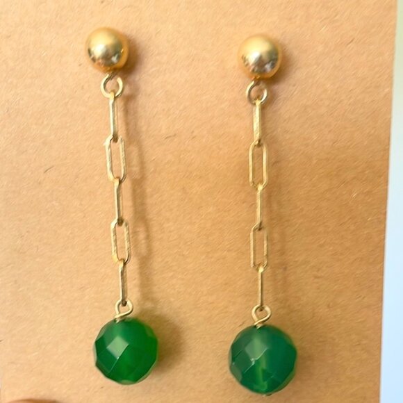 NWOT Green Onyx Sterling Silver Gold Pleated Drop Earrings - Picture 2 of 7
